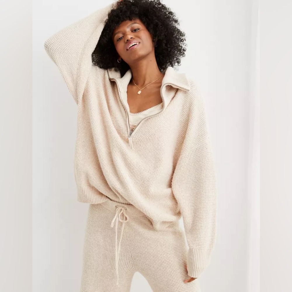 Aerie CozyUp Waffle Knit Quarter‎ Zip Pullover Sweater - Cream - Large